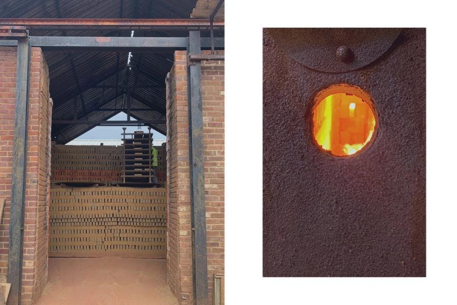 Image of a brick furnace from the exterior and through a peephole