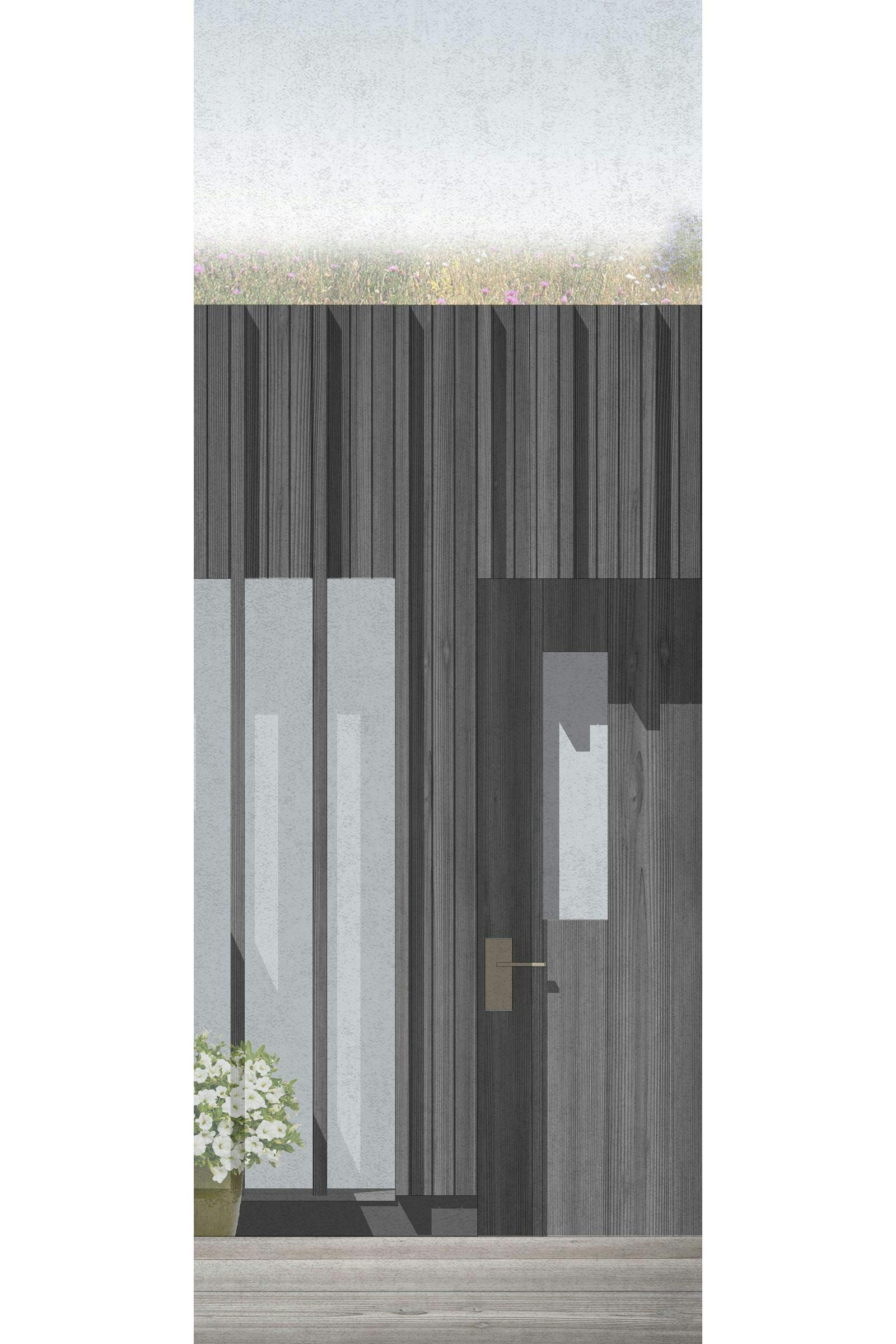 Visualisation of the elevation of Quarry House with black painted timber cladding