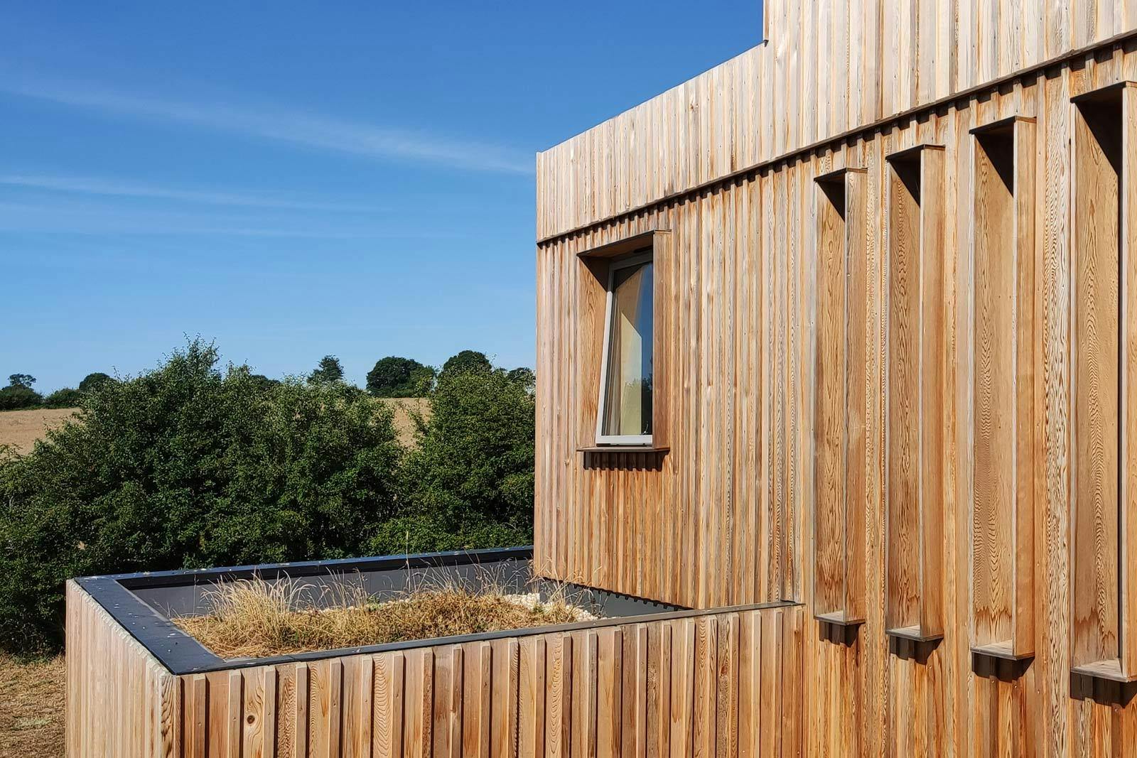 Window apertures on timber clad Paragraph 80 home with a green roof