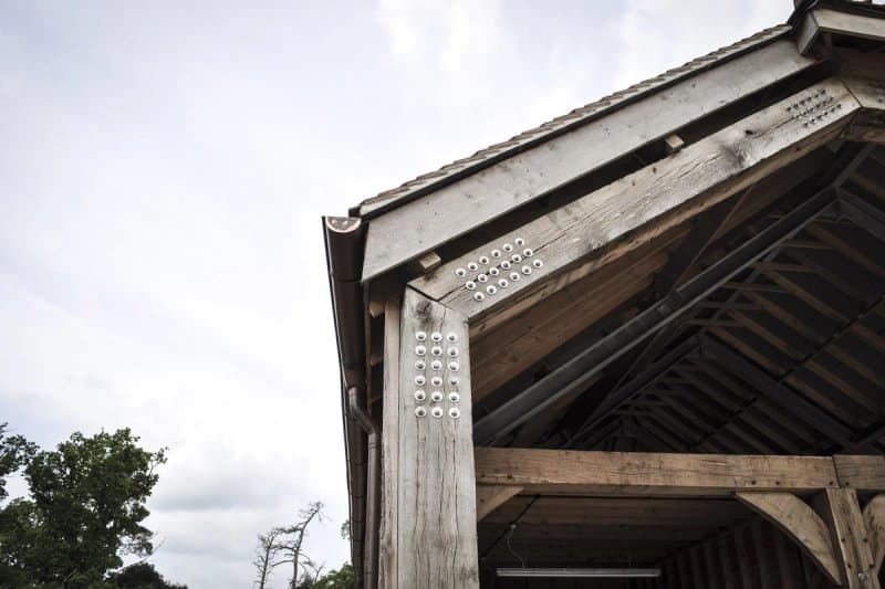 The green oak timber frame of Knepp Bio Barn