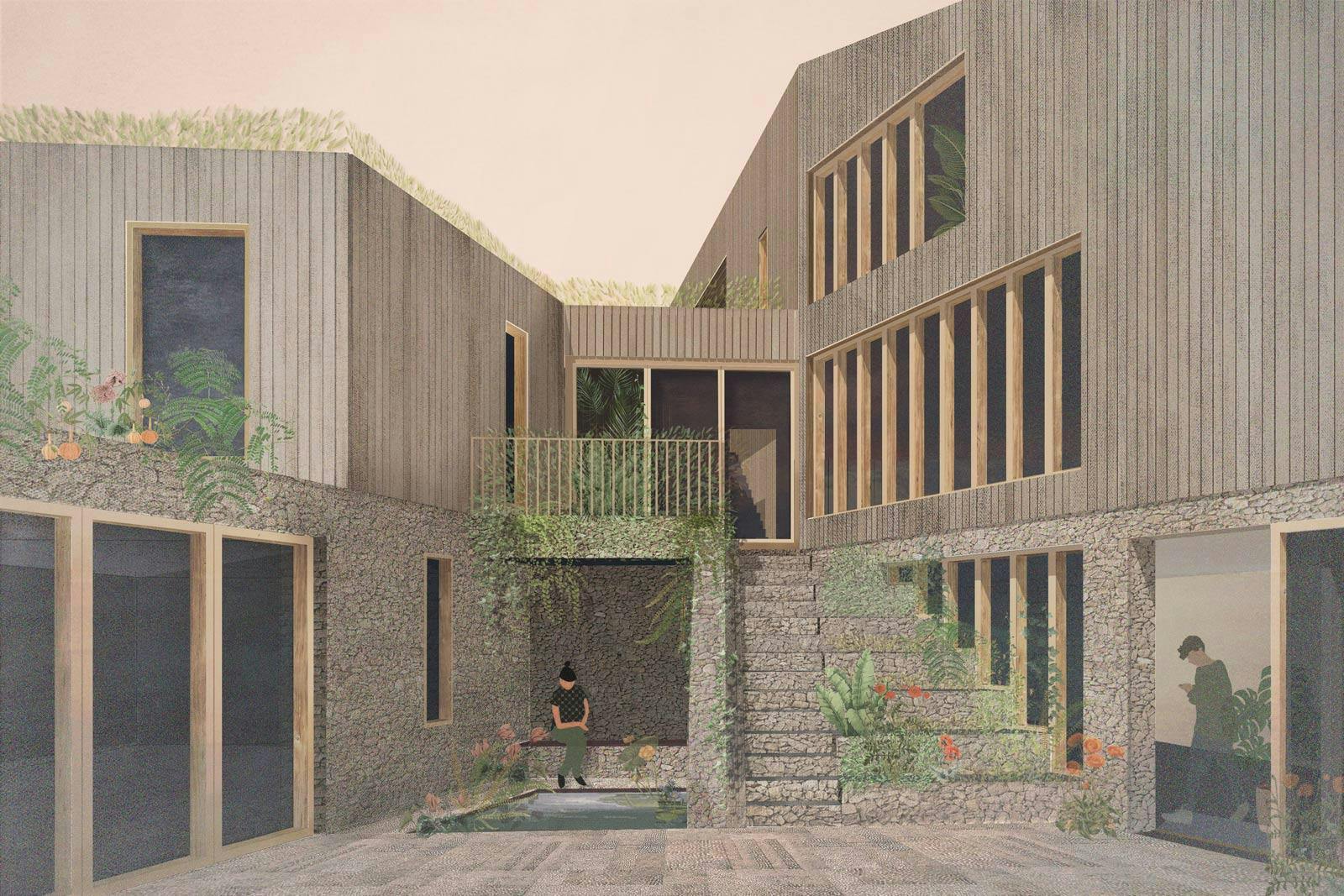 Architectural visualisation of a house with stone and timber cladding