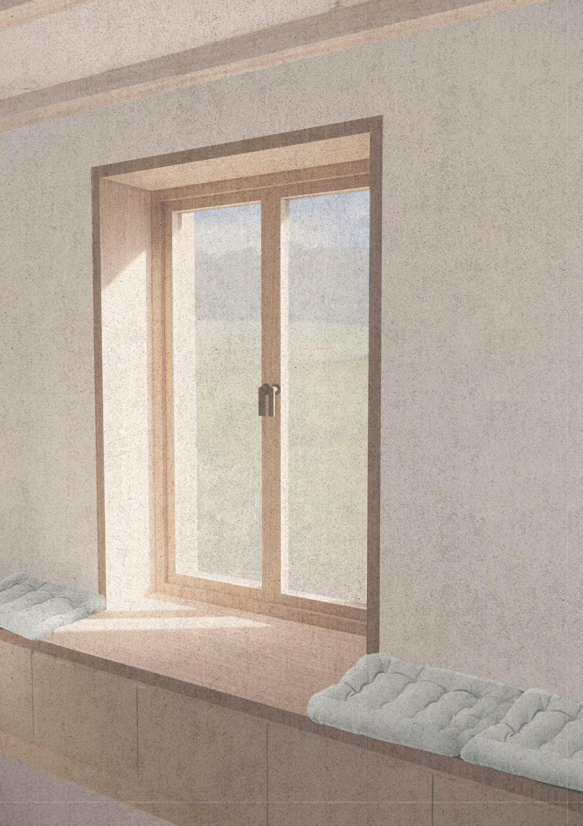 Architectural visualisation of internal window seat in the Shropshire Farm