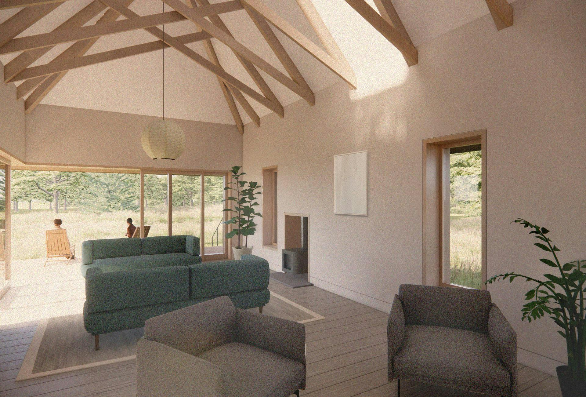Visual of open plan interior at Thatch House opening out to garden