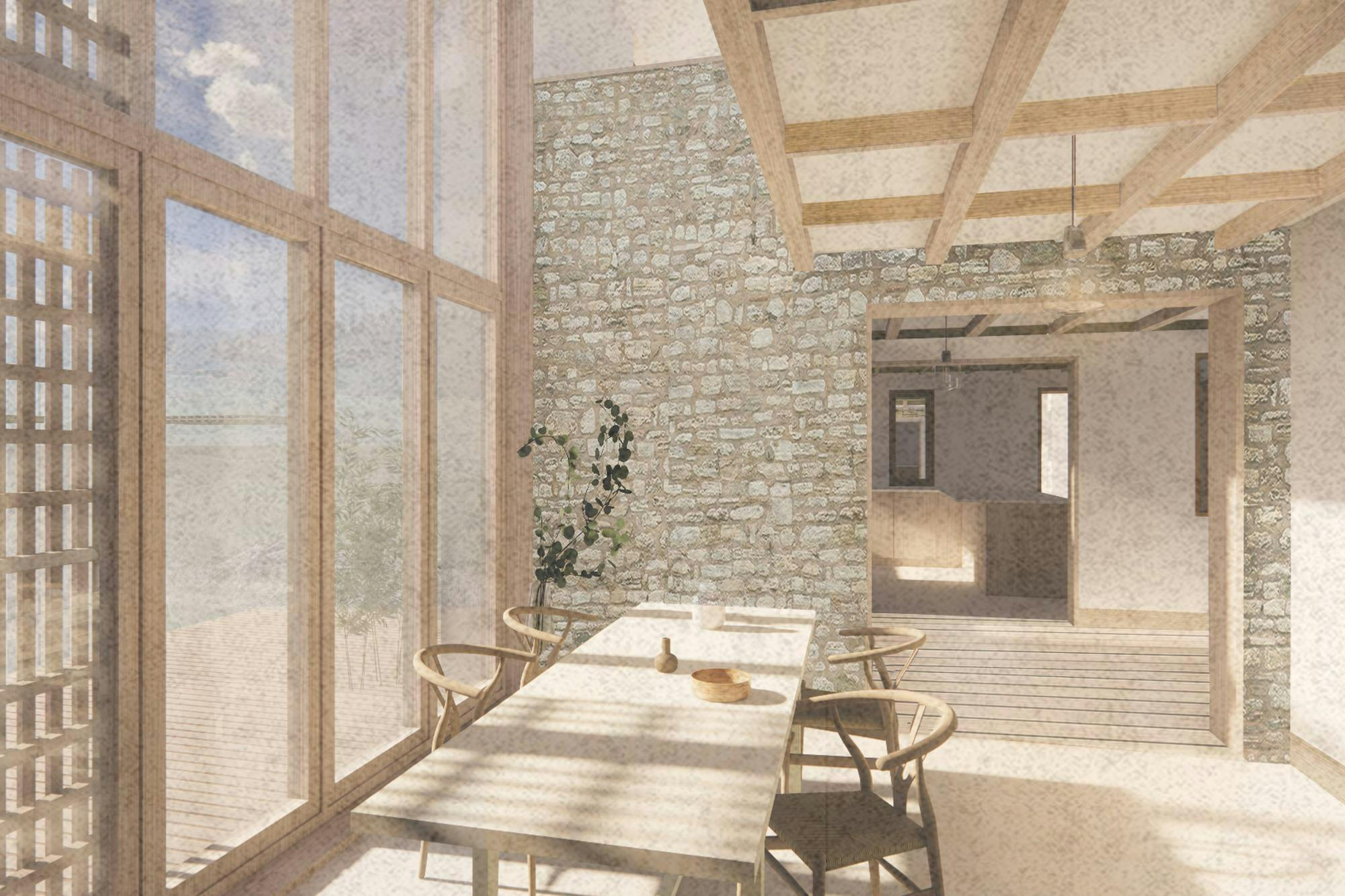 Architectural visualisation of interior dining room in the Shropshire Farm