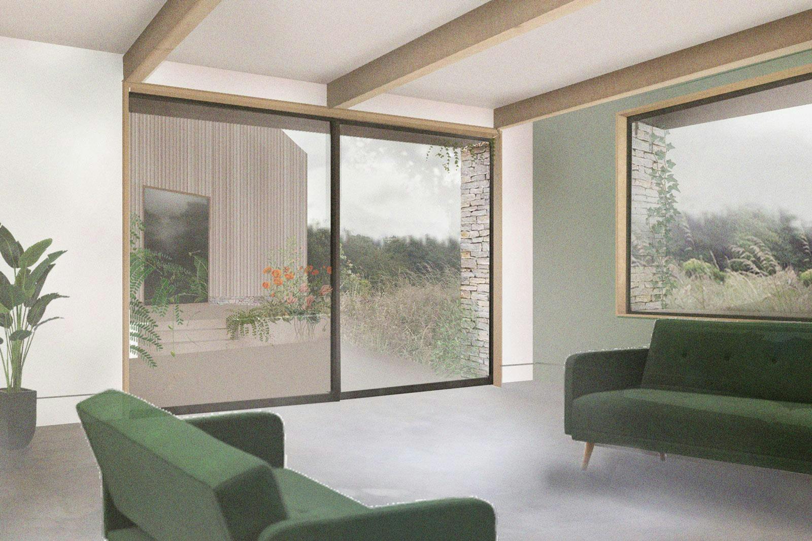 Internal render of Oolite House through the living room and into the stepped garden