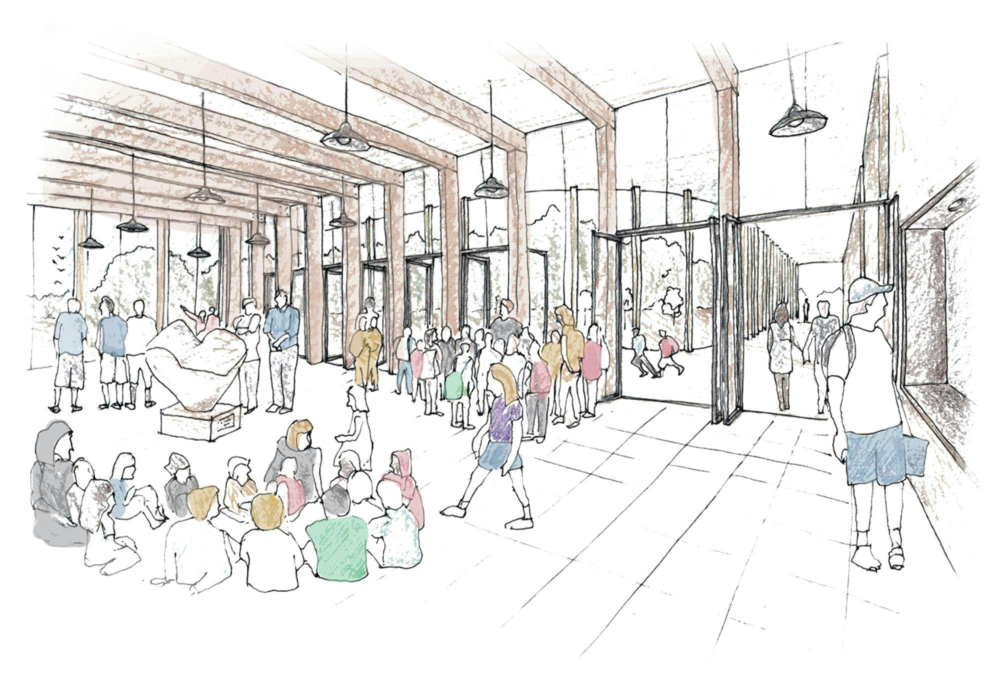 Sketch of internal view of proposed visitor hub with children and members of the public