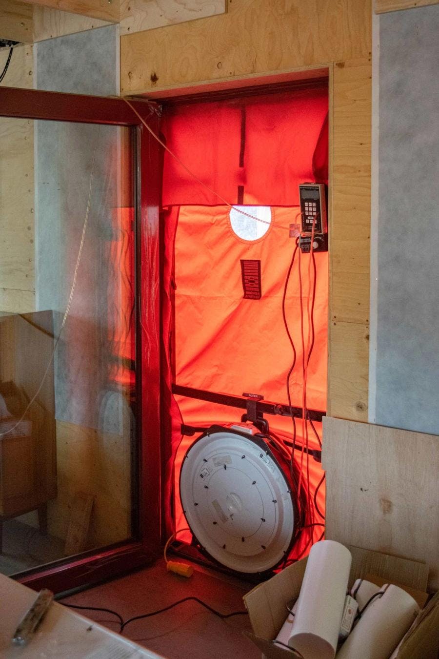 View of air tightness equipment at Nest House testing airflow rates