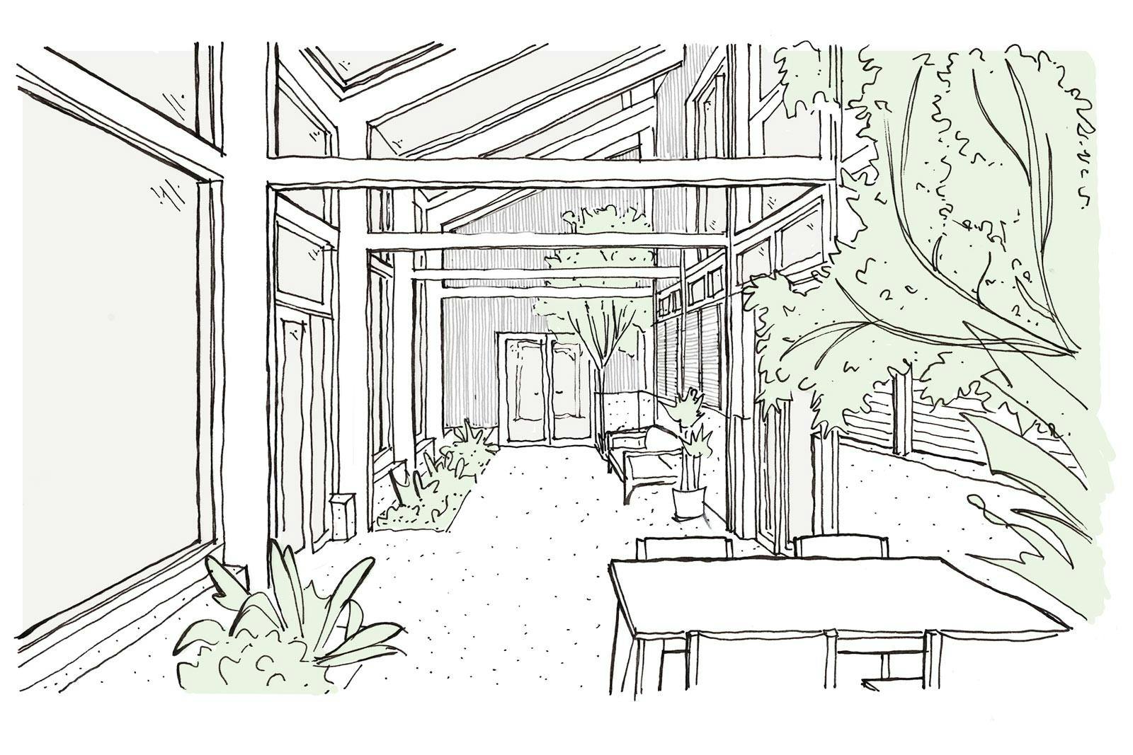 Sketch of internal courtyard at Sun House