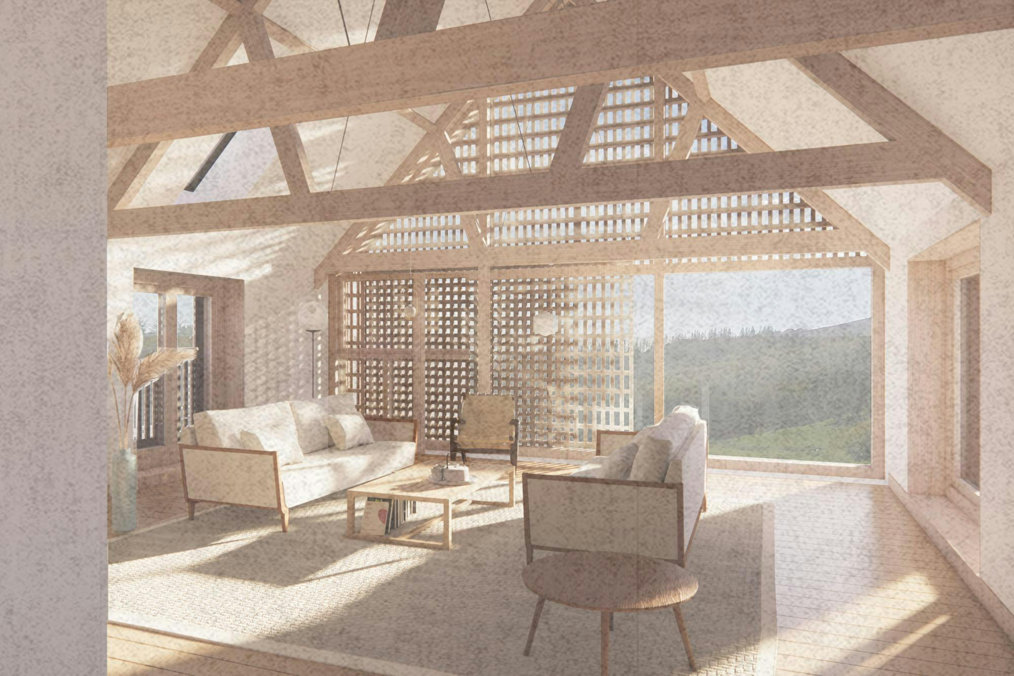 Architectural visualisation of interior living room in the Shropshire Farm