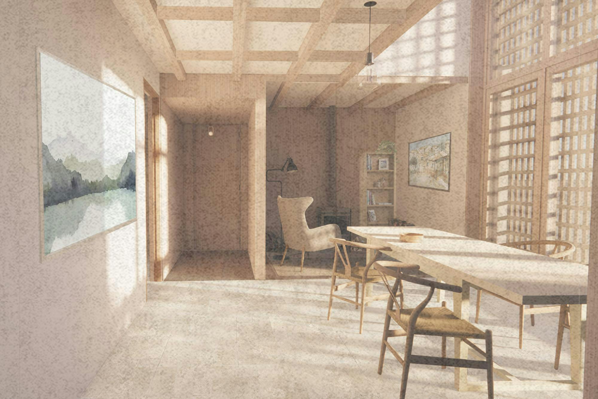 Architectural visualisation of interior dining room with external shutters in the Shropshire Farm