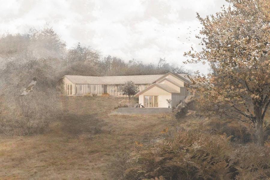 Photorealistic render of Spring Wood House within its surrounding autumn landscape