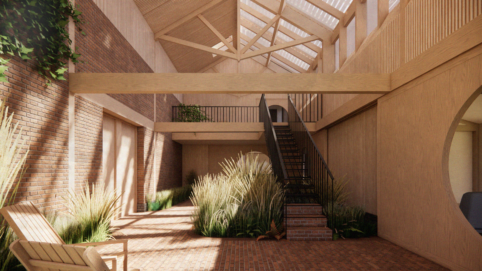 Interior view of atrium with planting and natural light